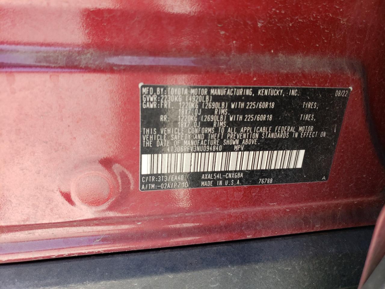 2022 TOYOTA RAV4 LIMITED VIN:4T3D6RFV3NU094840