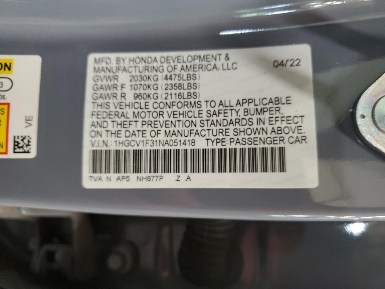 2022 HONDA ACCORD SPORT VIN:1HGCV1F31NA051418