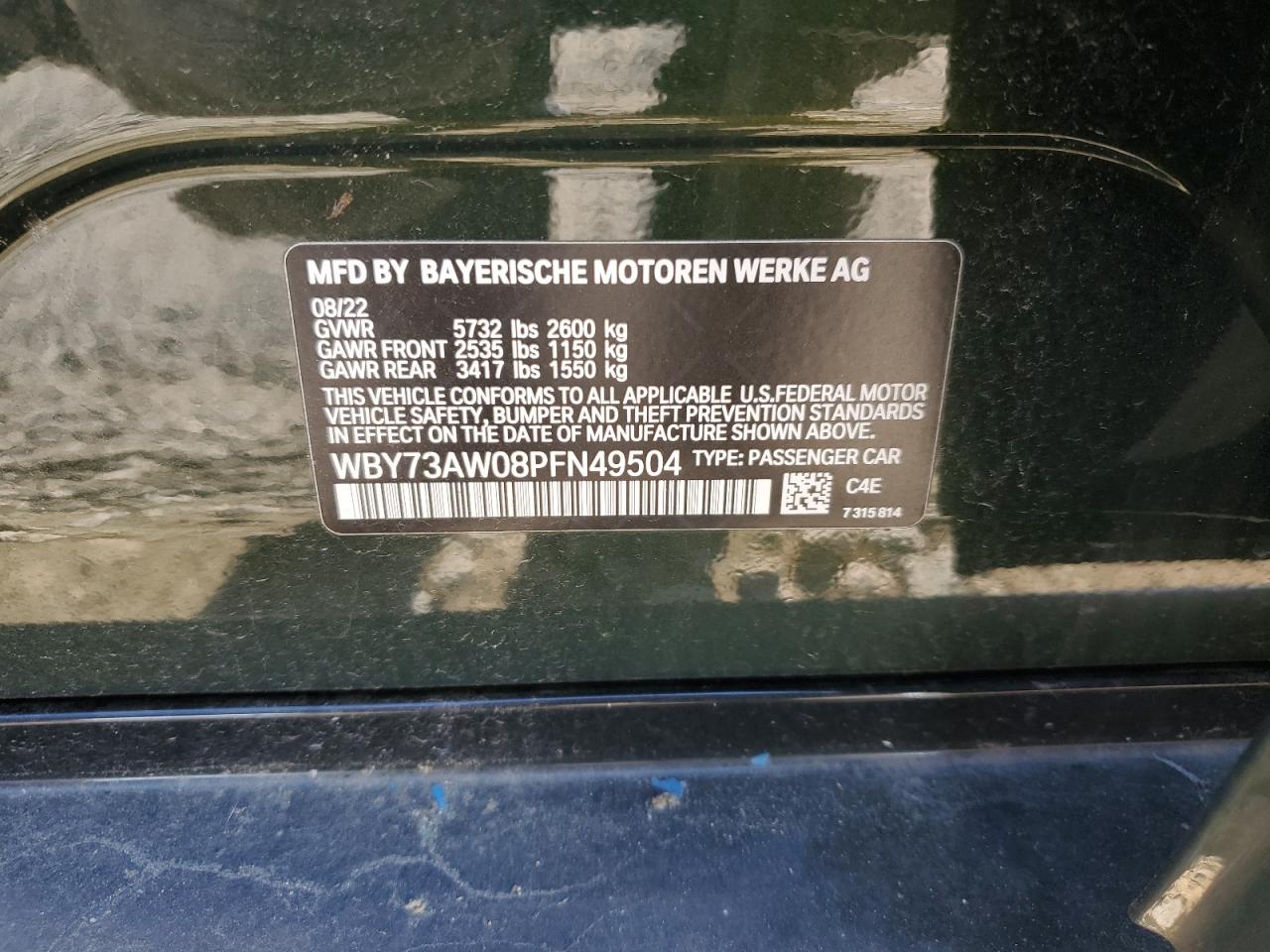 2023 BMW I4 EDRIVE 40 VIN:WBY73AW08PFN49504