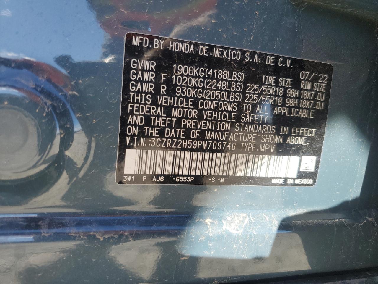 2023 HONDA HR-V SPORT VIN:3CZRZ2H59PM709746
