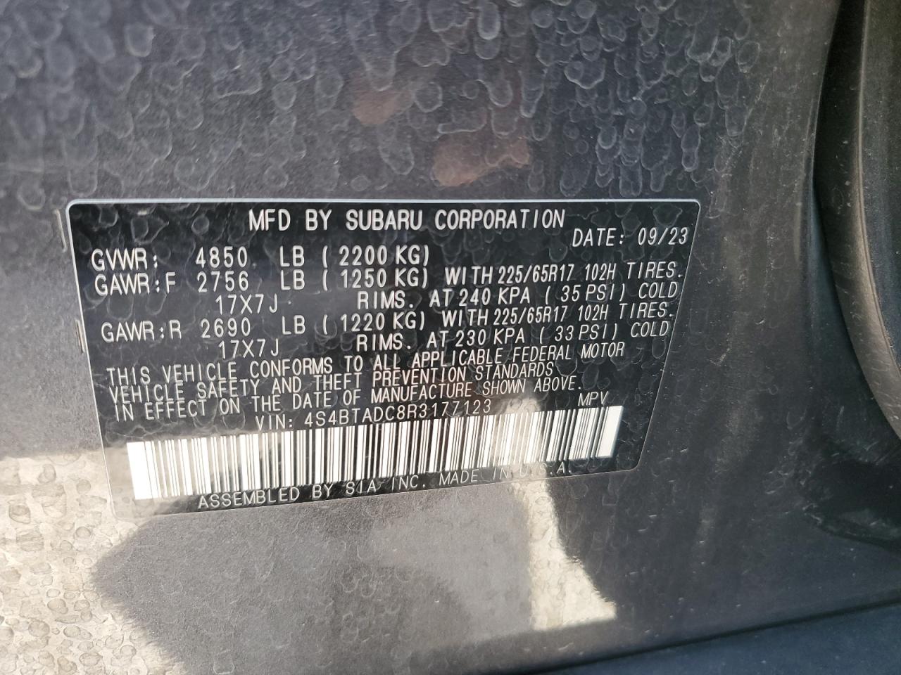 2024 SUBARU OUTBACK PREMIUM VIN:4S4BTADC8R3177123