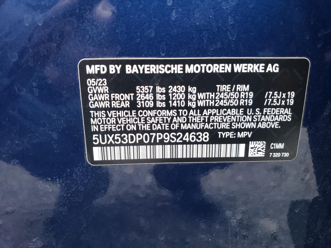 2023 BMW X3 XDRIVE30I VIN:5UX53DP07P9S24638