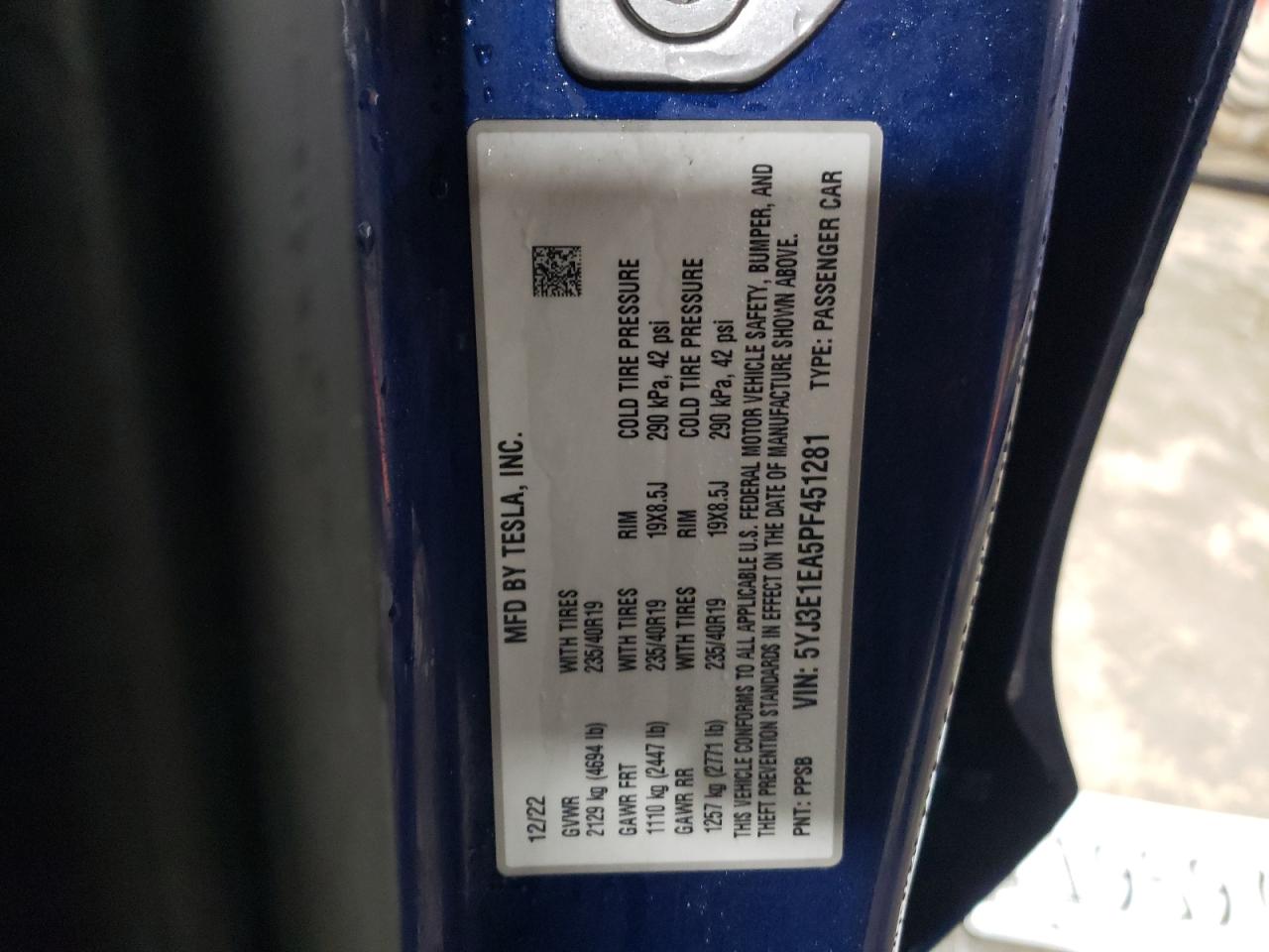 2023 TESLA MODEL 3 VIN:5YJ3E1EA5PF451281