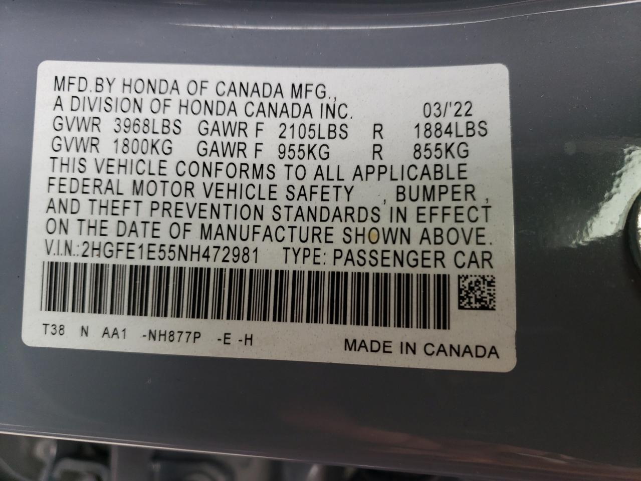 2022 HONDA CIVIC SI VIN:2HGFE1E55NH472981