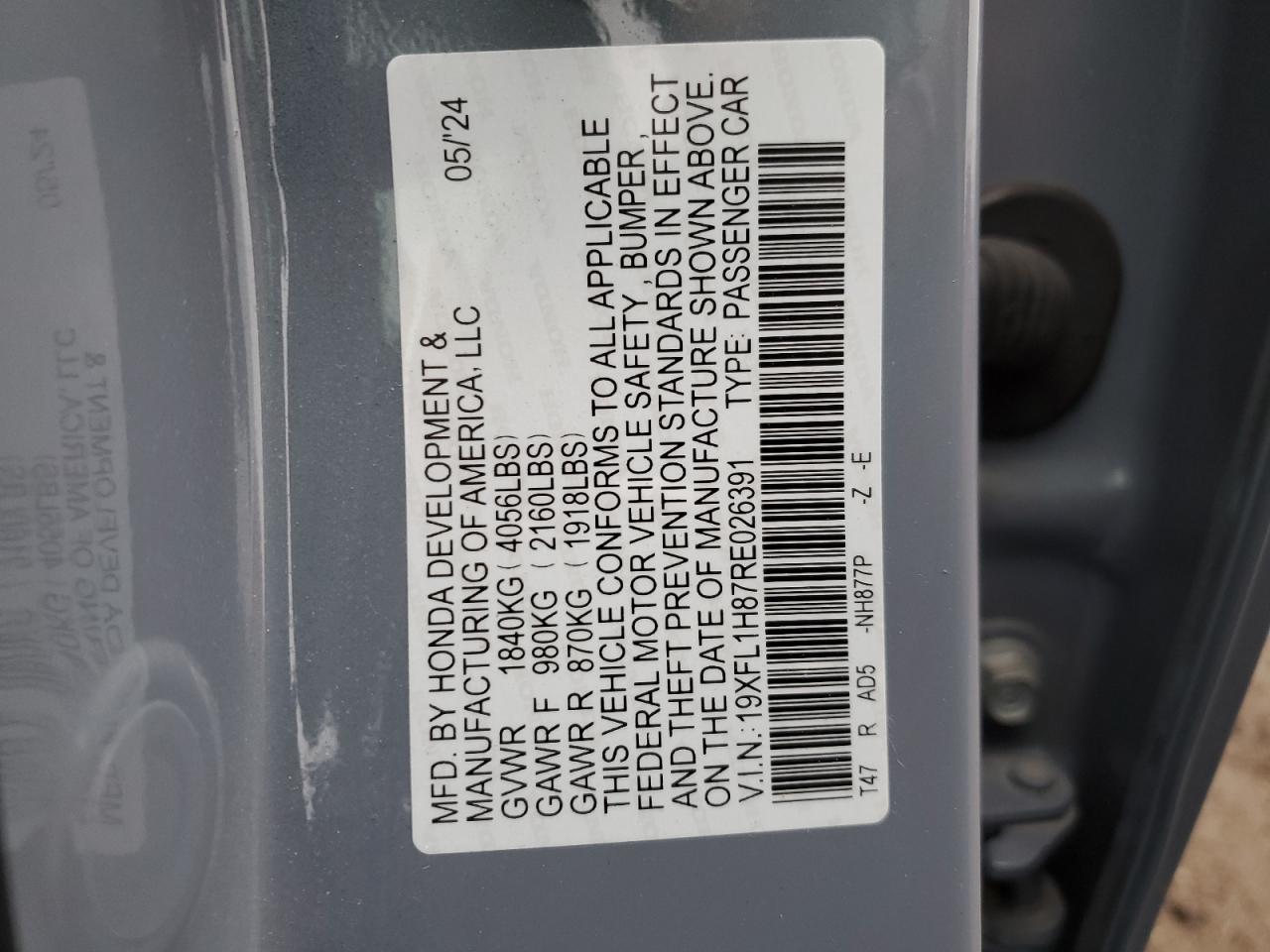 2024 HONDA CIVIC SPORT TOURING VIN:19XFL1H87RE026391