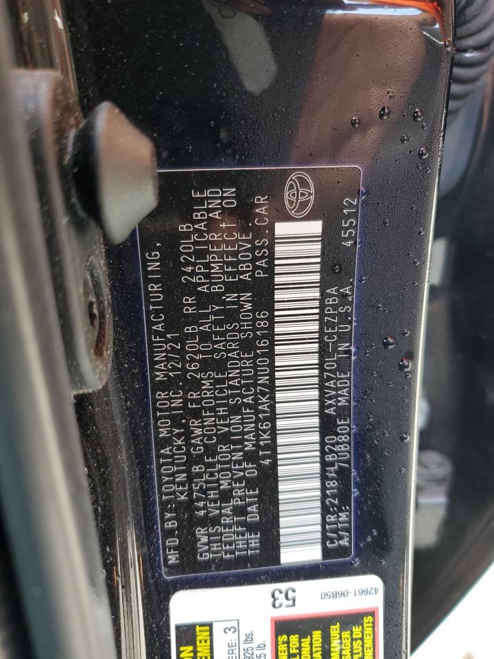 2022 TOYOTA CAMRY XSE VIN:4T1K61AK7NU016186