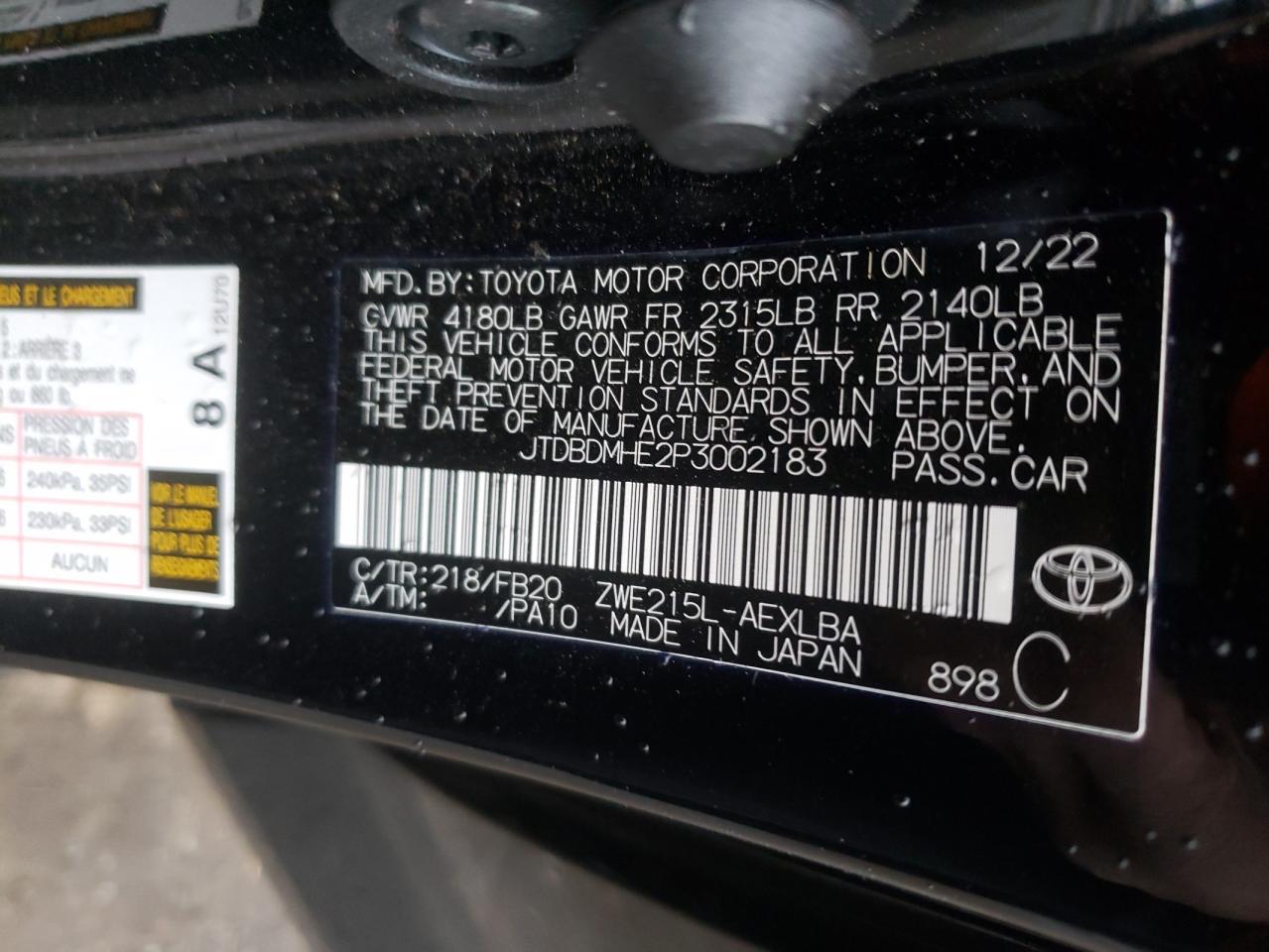 2023 TOYOTA COROLLA LE VIN:JTDBDMHE2P3002183
