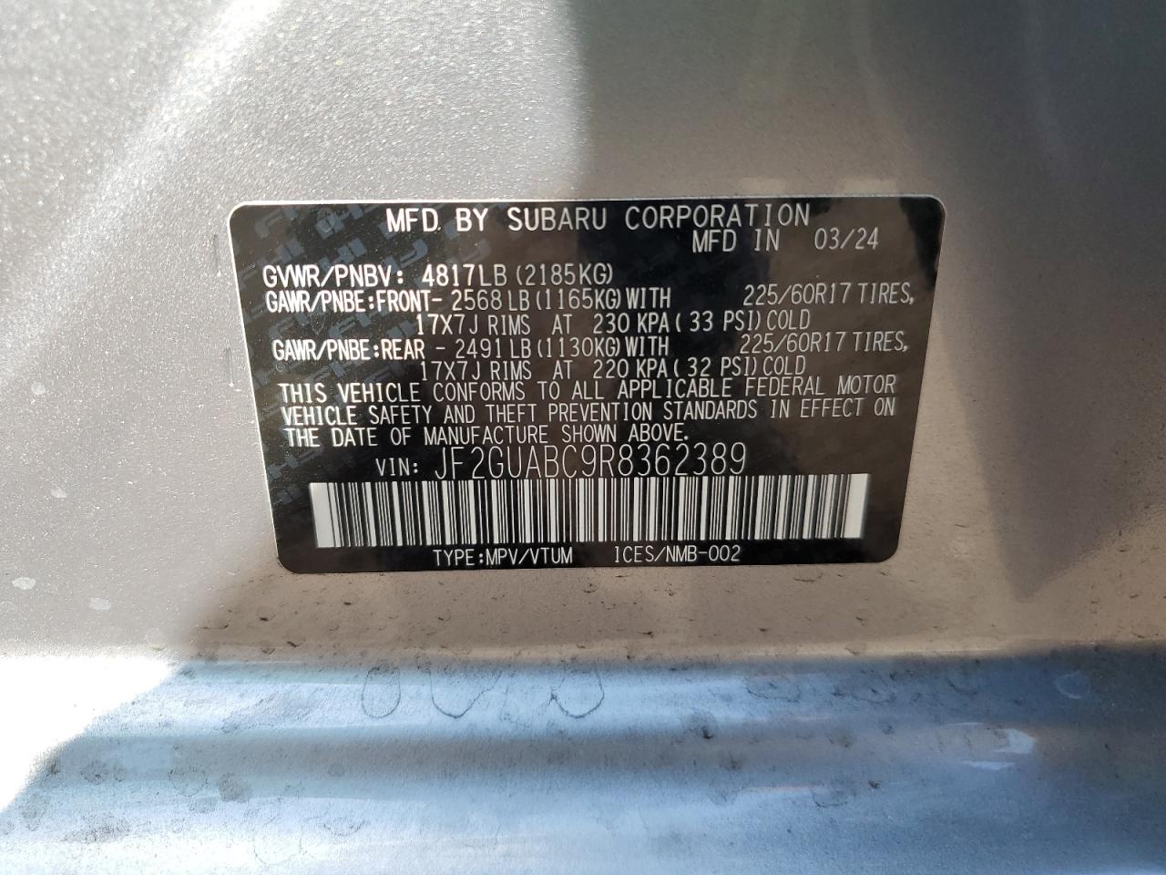 2024 SUBARU CROSSTREK VIN:JF2GUABC9R8362389