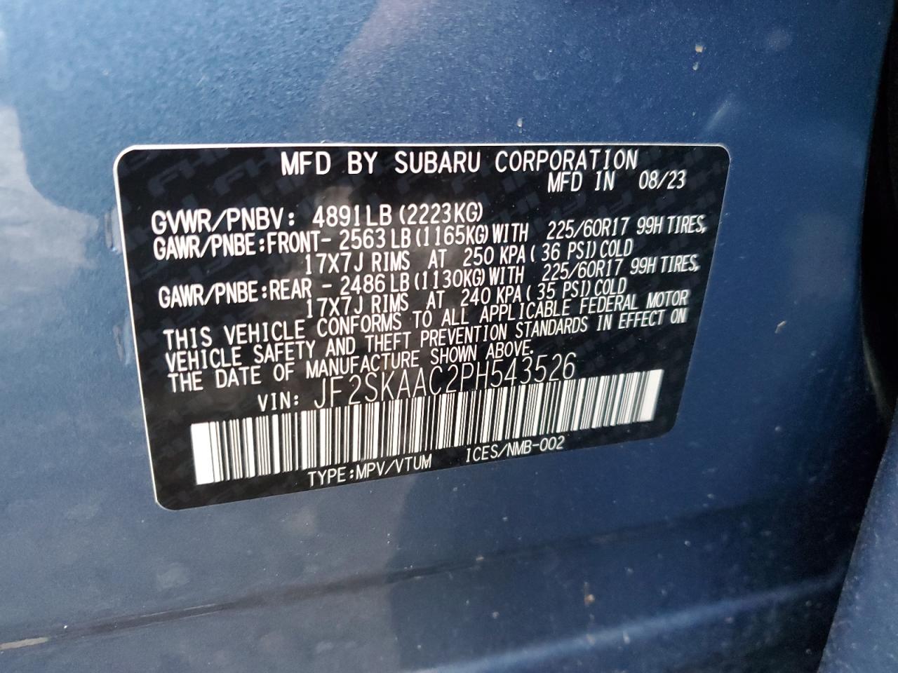 2023 SUBARU FORESTER VIN:JF2SKAAC2PH543526