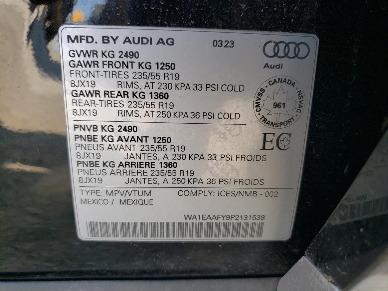2023 AUDI Q5 PREMIUM PLUS 45 VIN:WA1EAAFY9P2131538