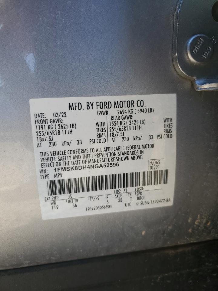 2022 FORD EXPLORER XLT VIN:1FMSK8DH4NGA52596