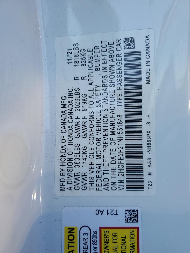 2022 HONDA CIVIC LX VIN:2HGFE2F21NH551848