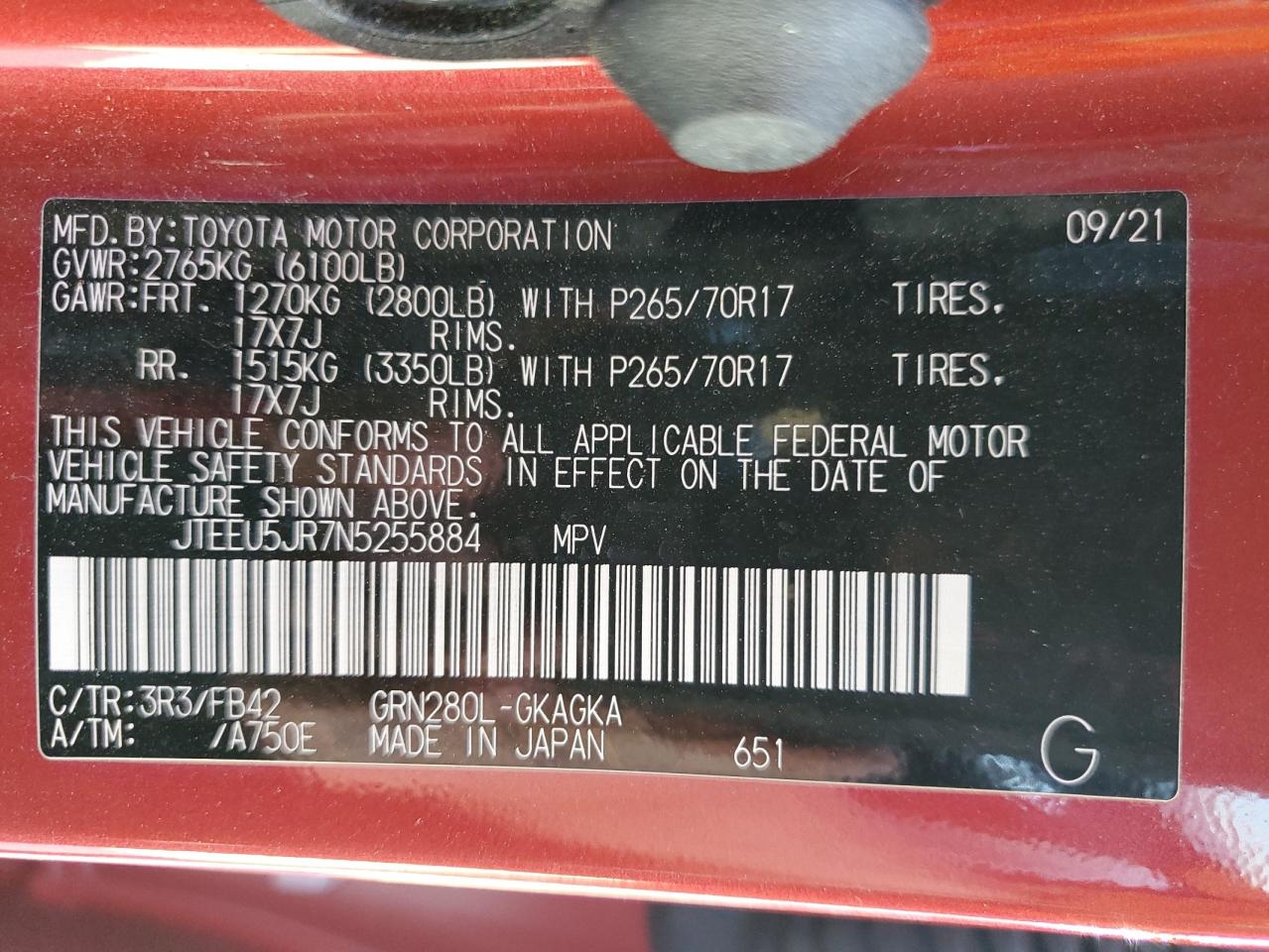 2022 TOYOTA 4RUNNER SR5 VIN:JTEEU5JR7N5255884