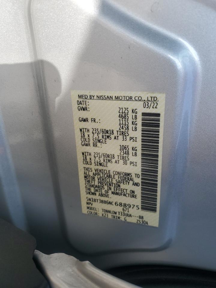 2022 NISSAN ROGUE SV VIN:5N1BT3BB6NC688975