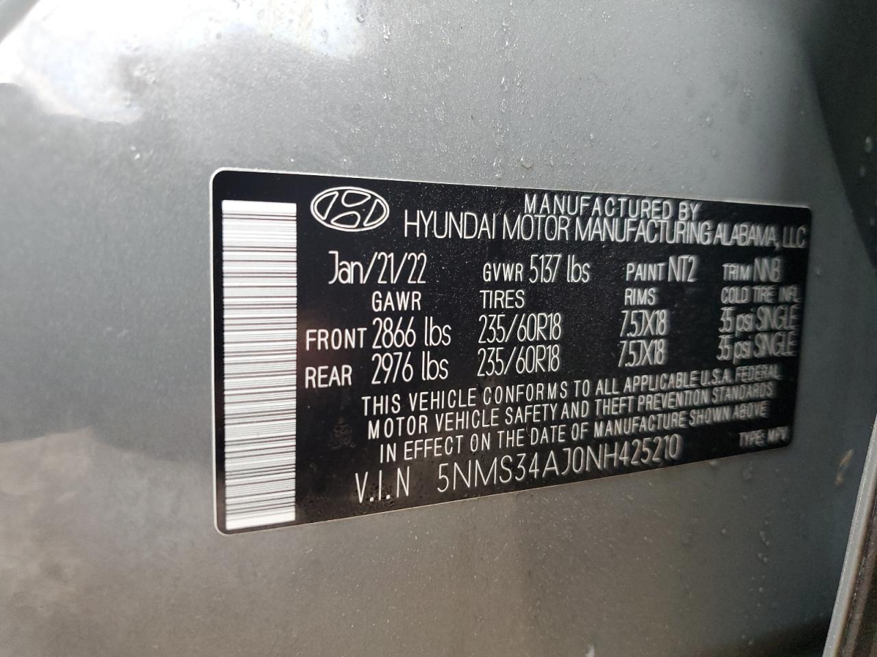 2022 HYUNDAI SANTA FE SEL VIN:5NMS34AJ0NH425210