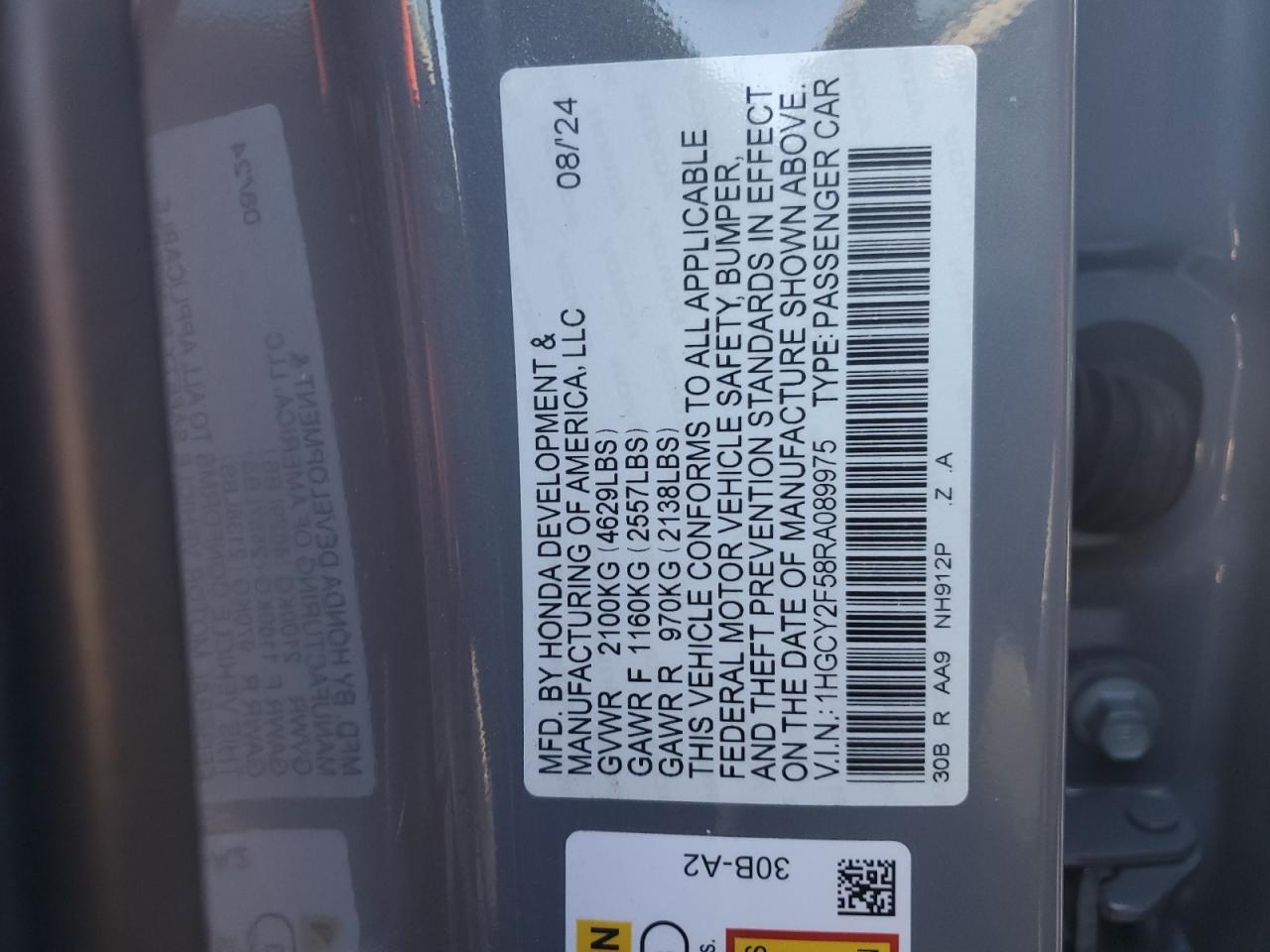 2024 HONDA ACCORD HYBRID SPORT VIN:1HGCY2F58RA089975