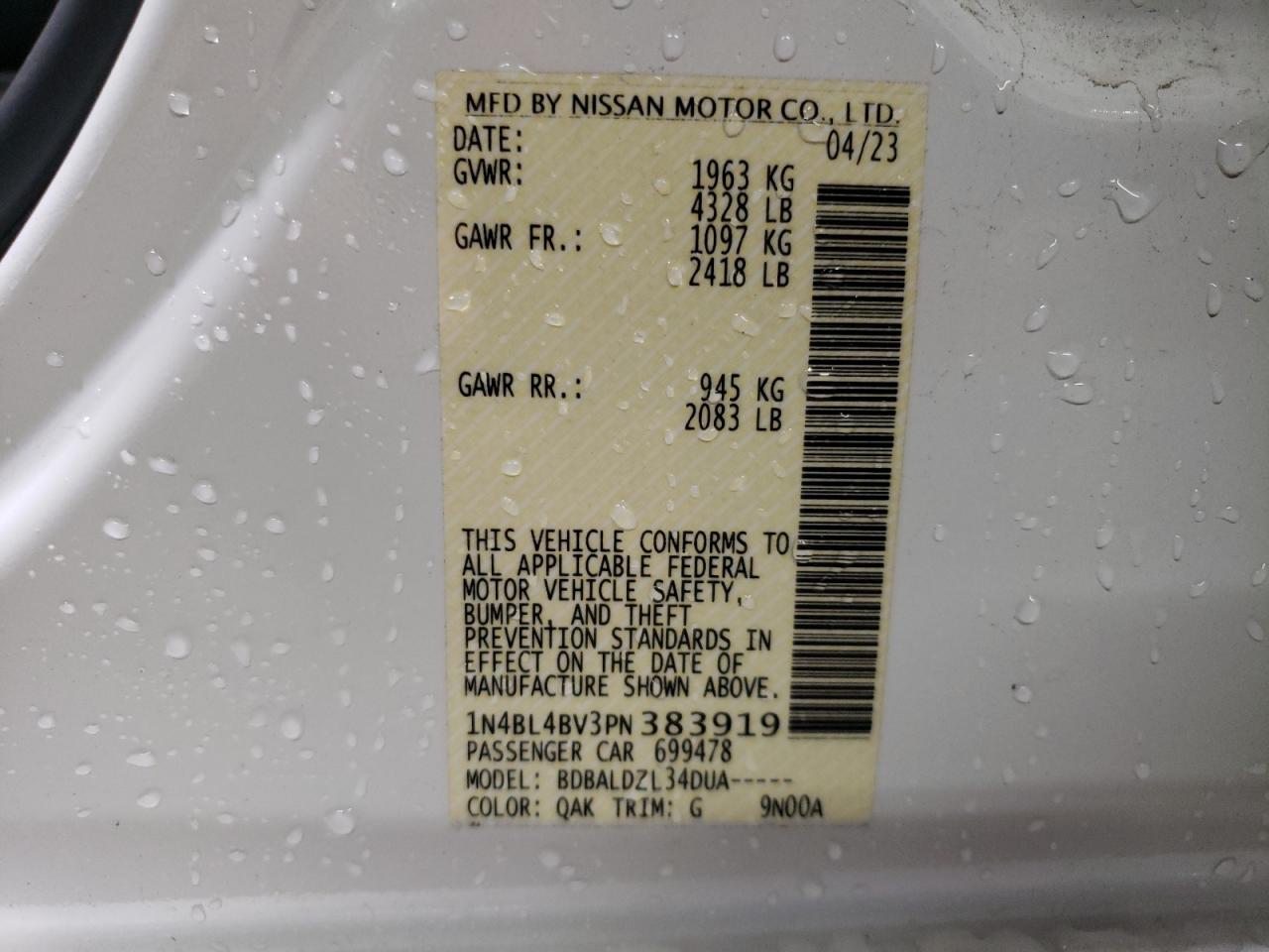 2023 NISSAN ALTIMA S VIN:1N4BL4BV3PN383919