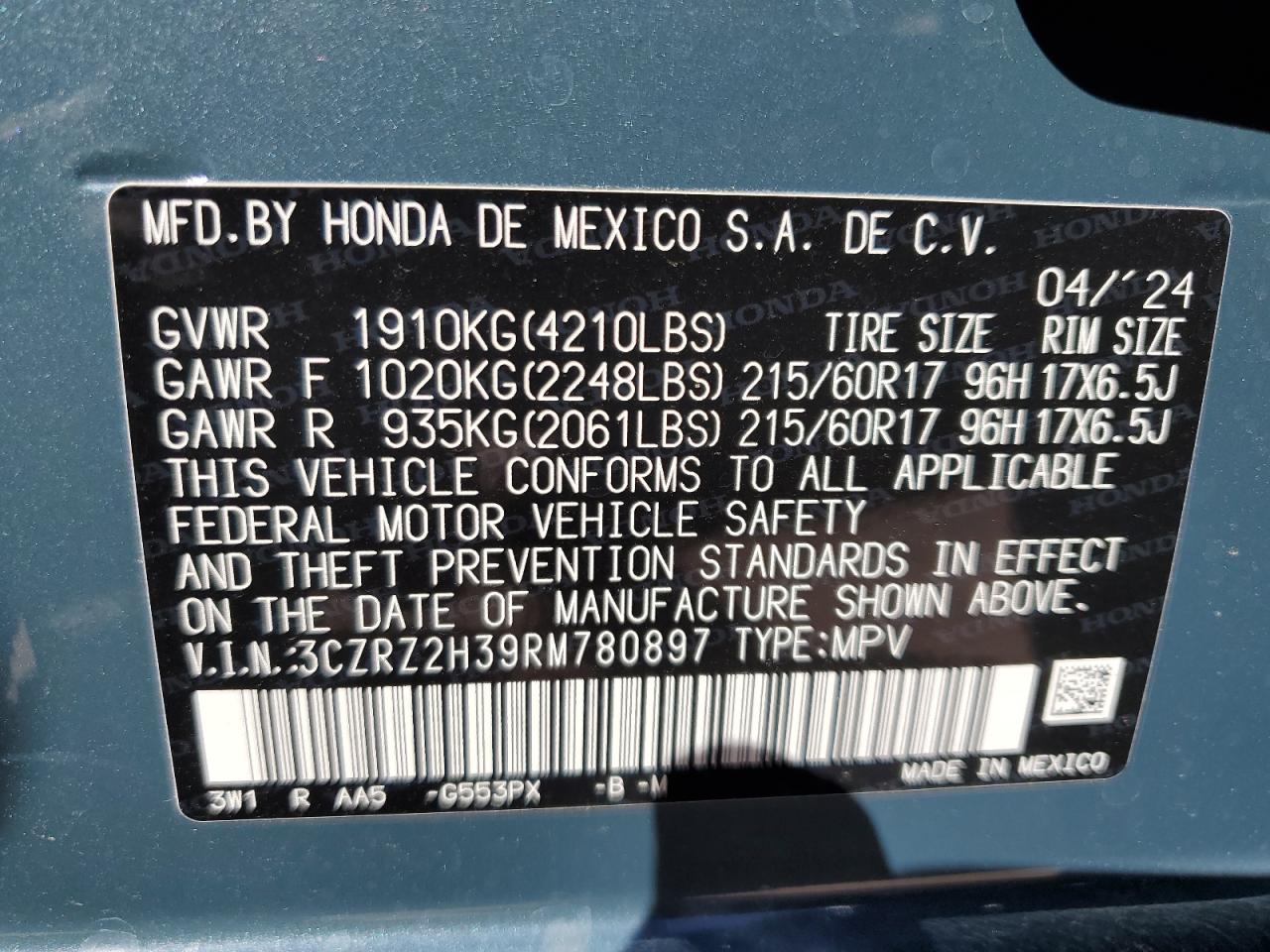 2024 HONDA HR-V LX VIN:3CZRZ2H39RM780897