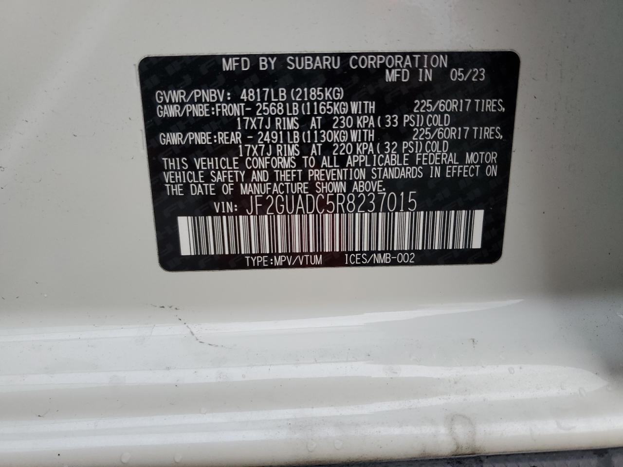 2024 SUBARU CROSSTREK PREMIUM VIN:JF2GUADC5R8237015