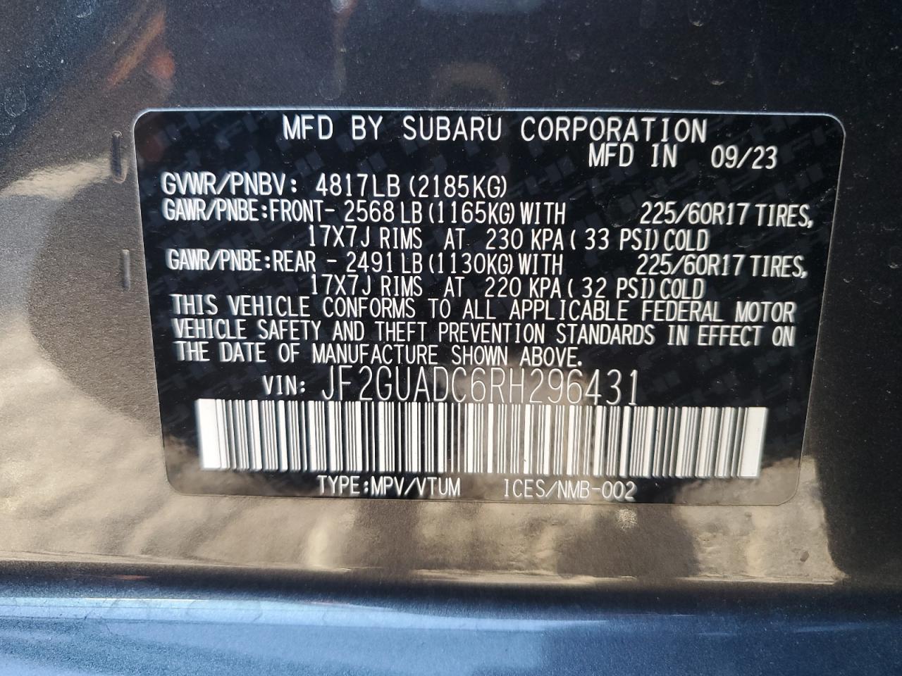 2024 SUBARU CROSSTREK PREMIUM VIN:JF2GUADC6RH296431