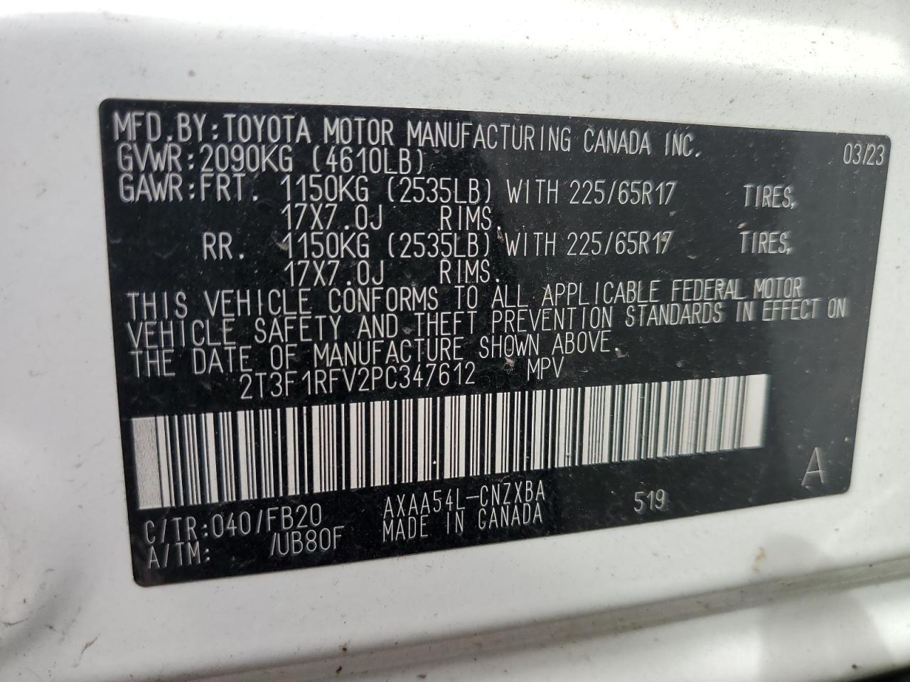 2023 TOYOTA RAV4 LE VIN:2T3F1RFV2PC347612
