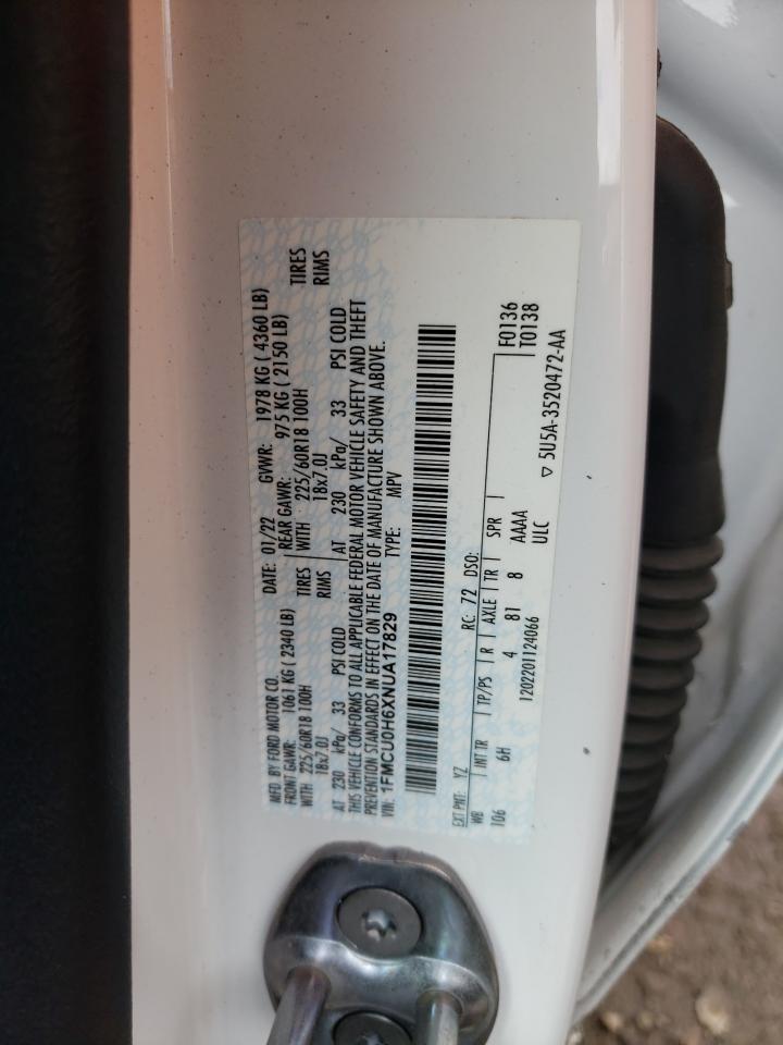 2022 FORD ESCAPE SEL VIN:1FMCU0H6XNUA17829