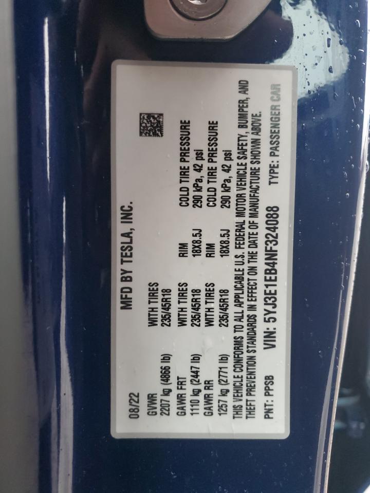 2022 TESLA MODEL 3 VIN:5YJ3E1EB4NF324088