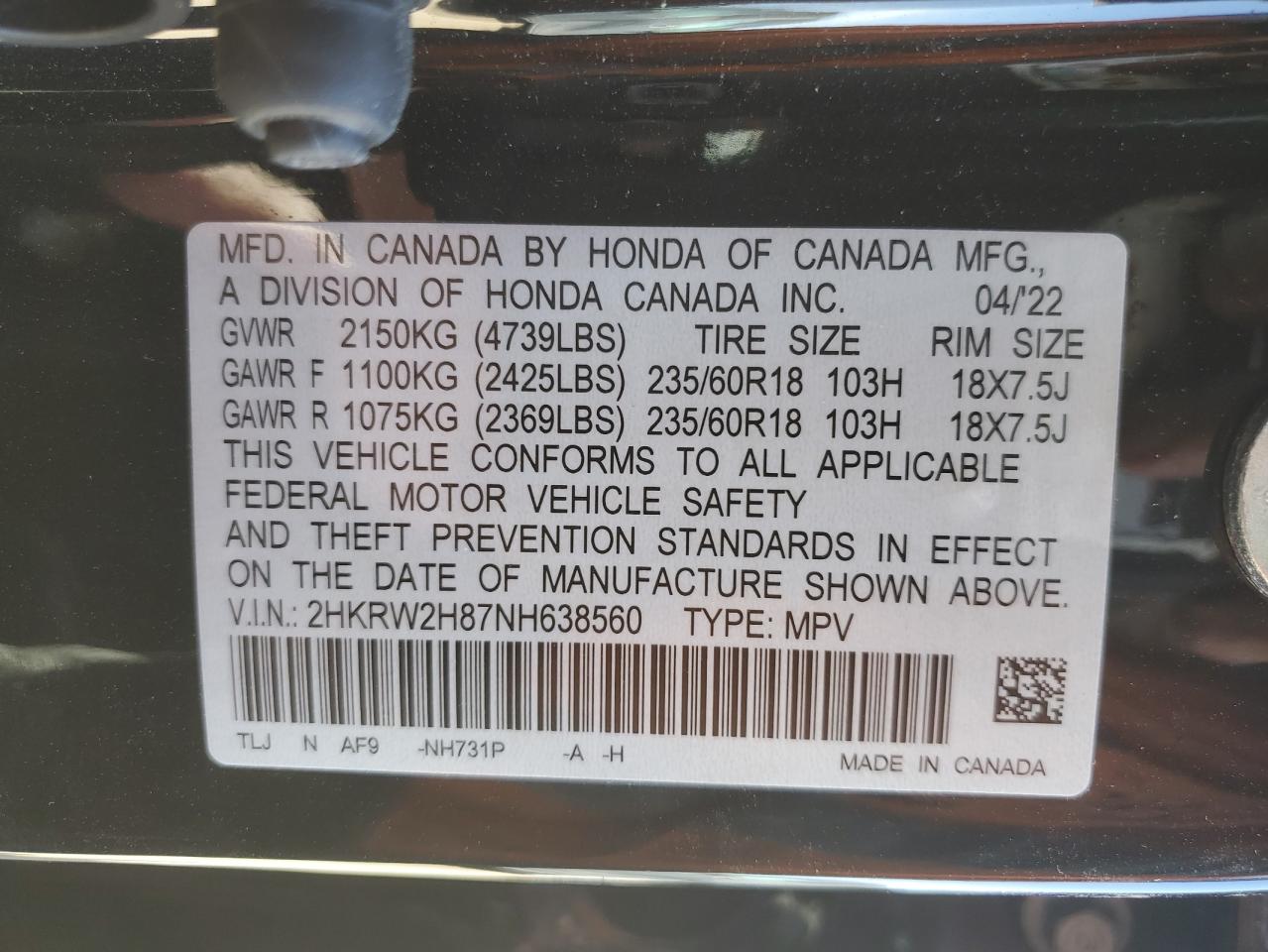2022 HONDA CR-V EXL VIN:2HKRW2H87NH638560