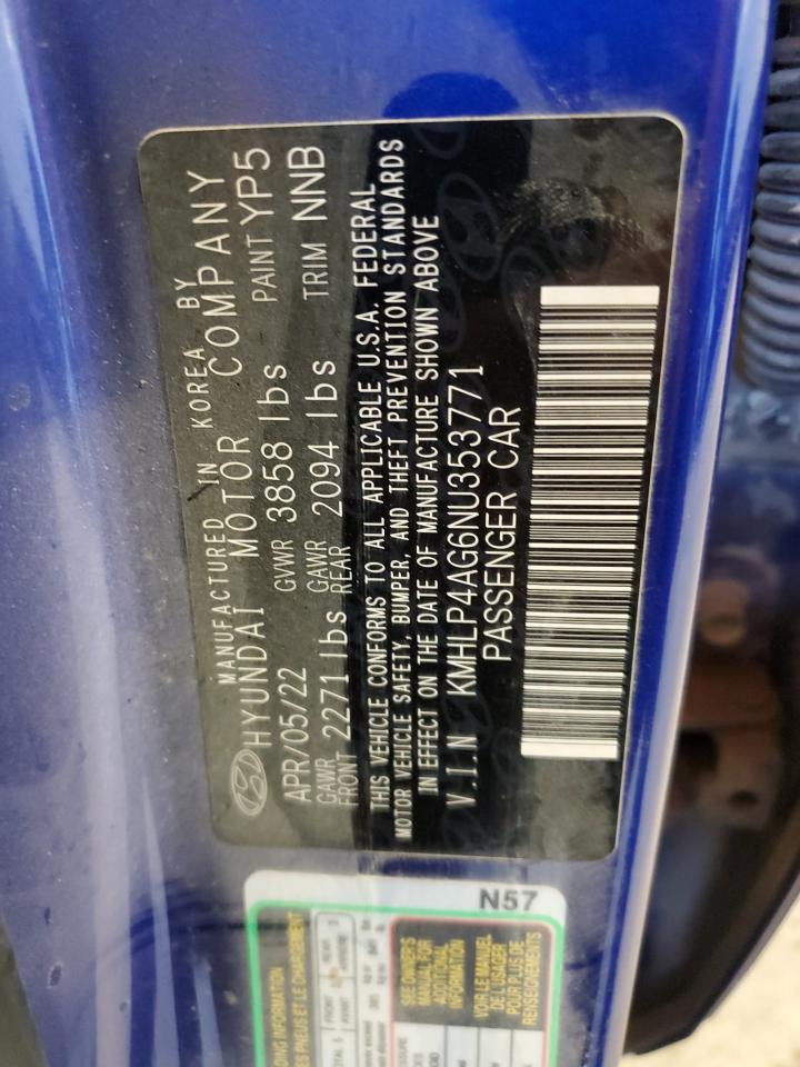 2022 HYUNDAI ELANTRA LIMITED VIN:KMHLP4AG6NU353771