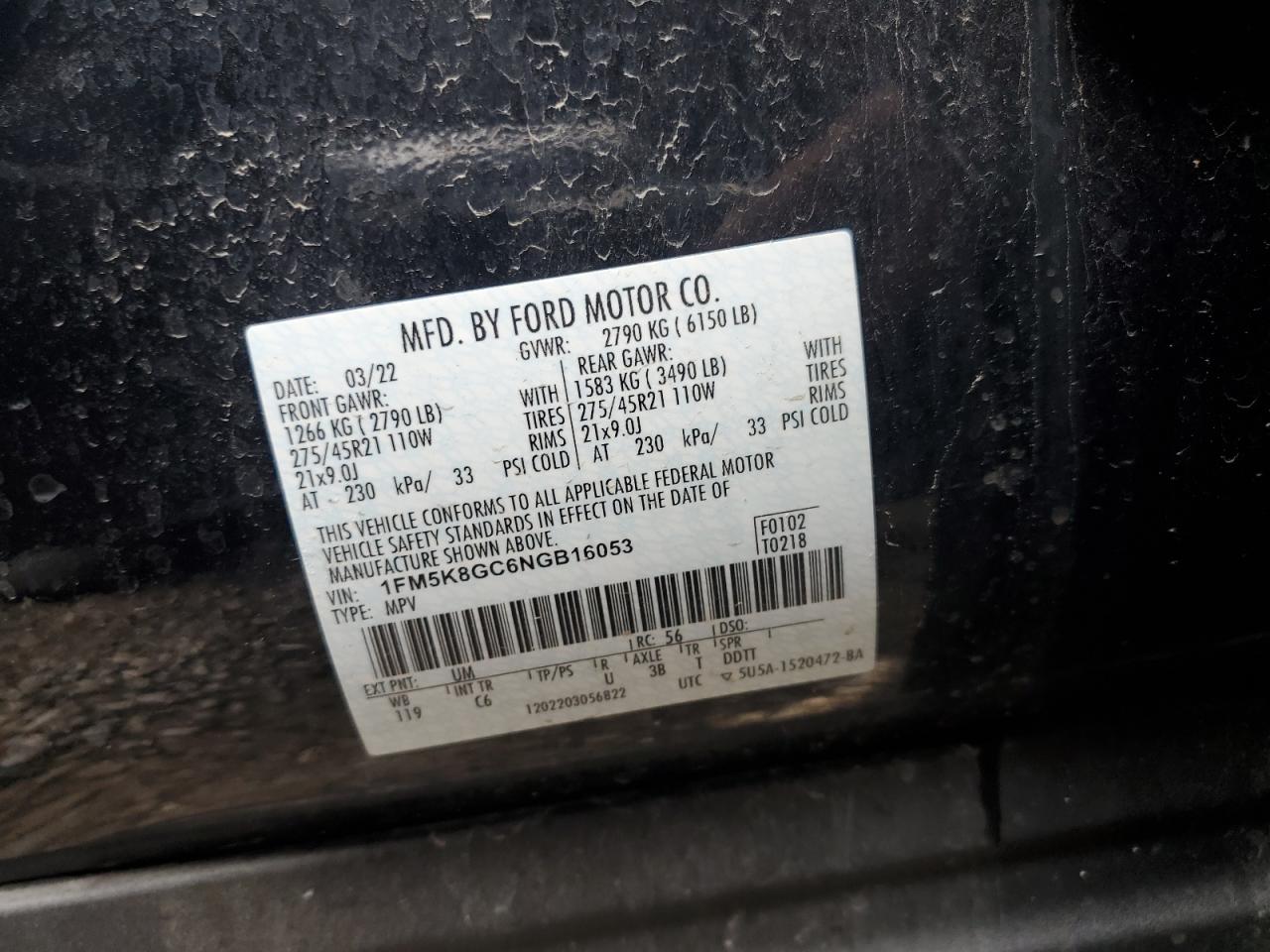 2022 FORD EXPLORER ST VIN:1FM5K8GC6NGB16053