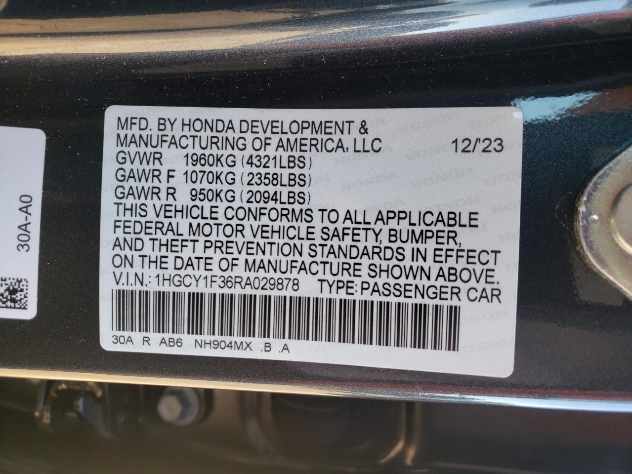 2024 HONDA ACCORD EX VIN:1HGCY1F36RA029878