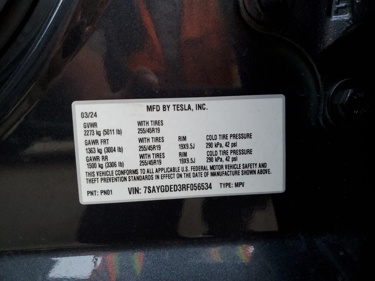 2024 TESLA MODEL Y VIN:7SAYGDED3RF056534