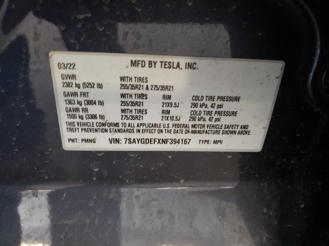 2022 TESLA MODEL Y VIN:7SAYGDEFXNF394167