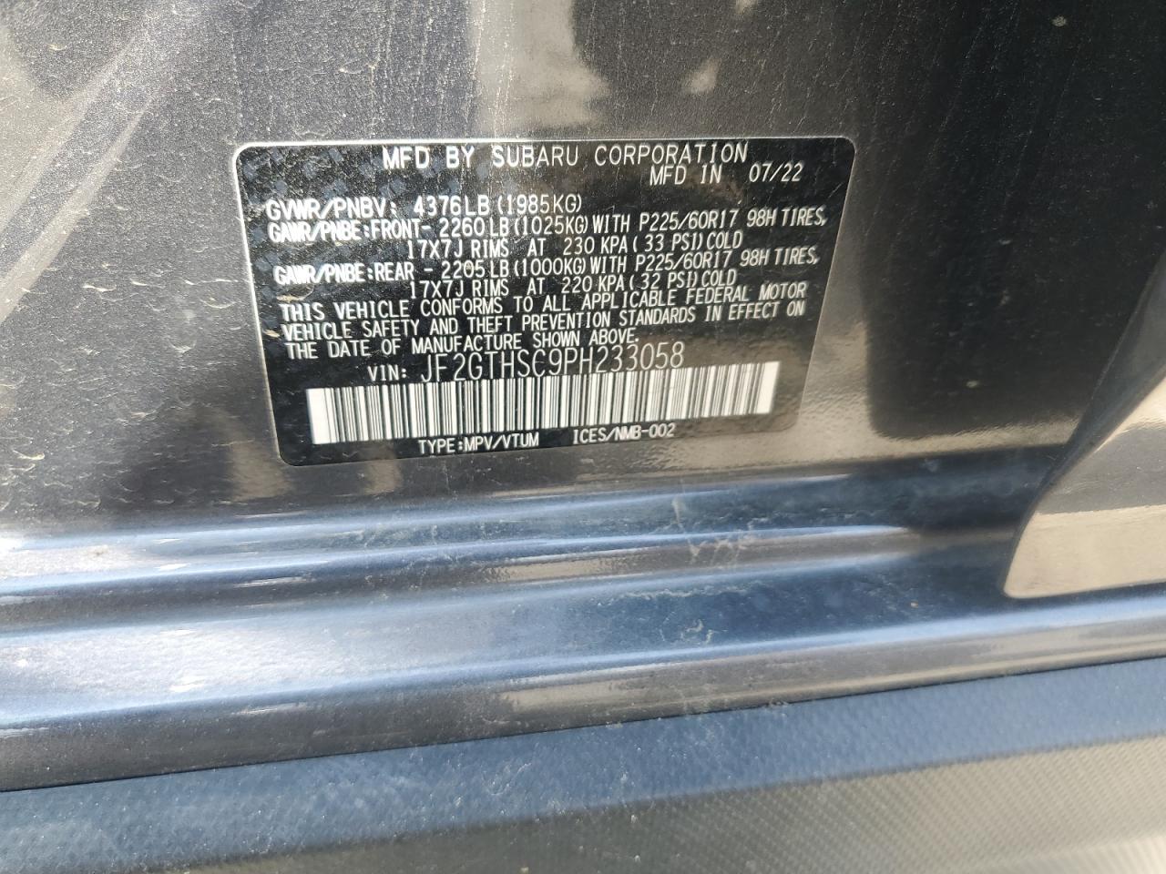 2023 SUBARU CROSSTREK SPORT VIN:JF2GTHSC9PH233058