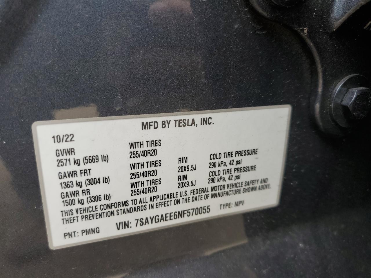 2022 TESLA MODEL Y VIN:7SAYGAEE6NF570055