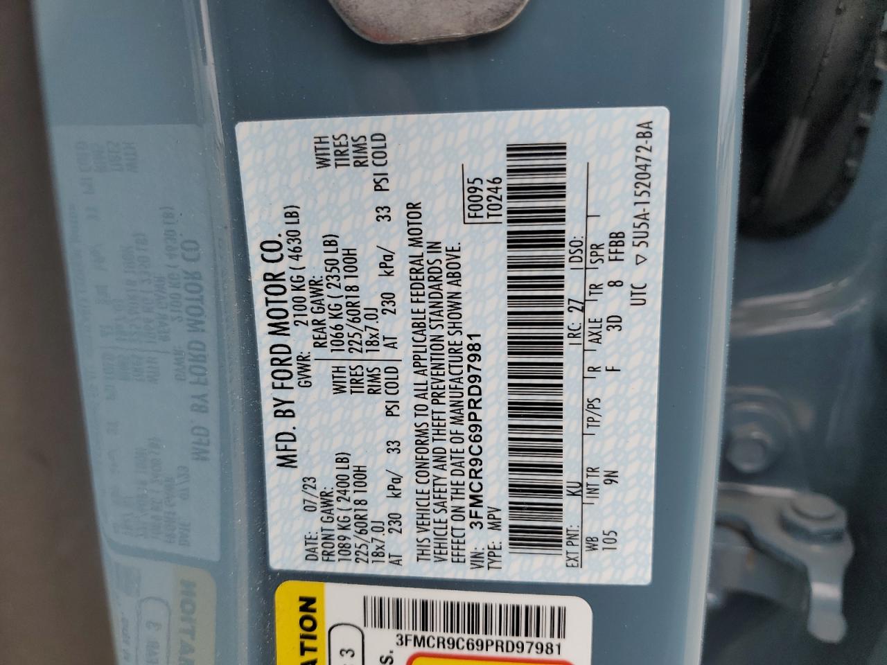 2023 FORD BRONCO SPORT OUTER BANKS VIN:3FMCR9C69PRD97981