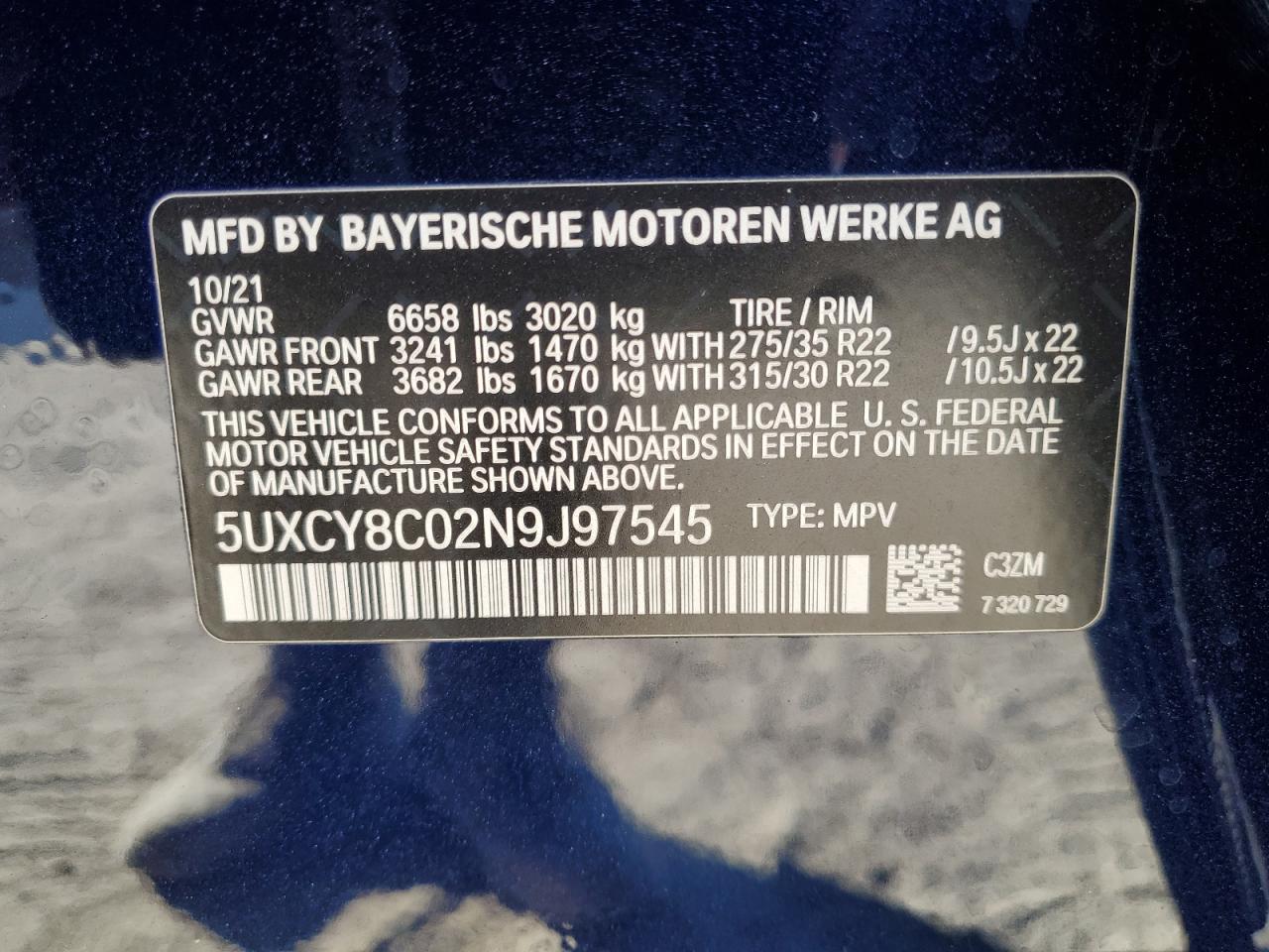 2022 BMW X6 M50I VIN:5UXCY8C02N9J97545