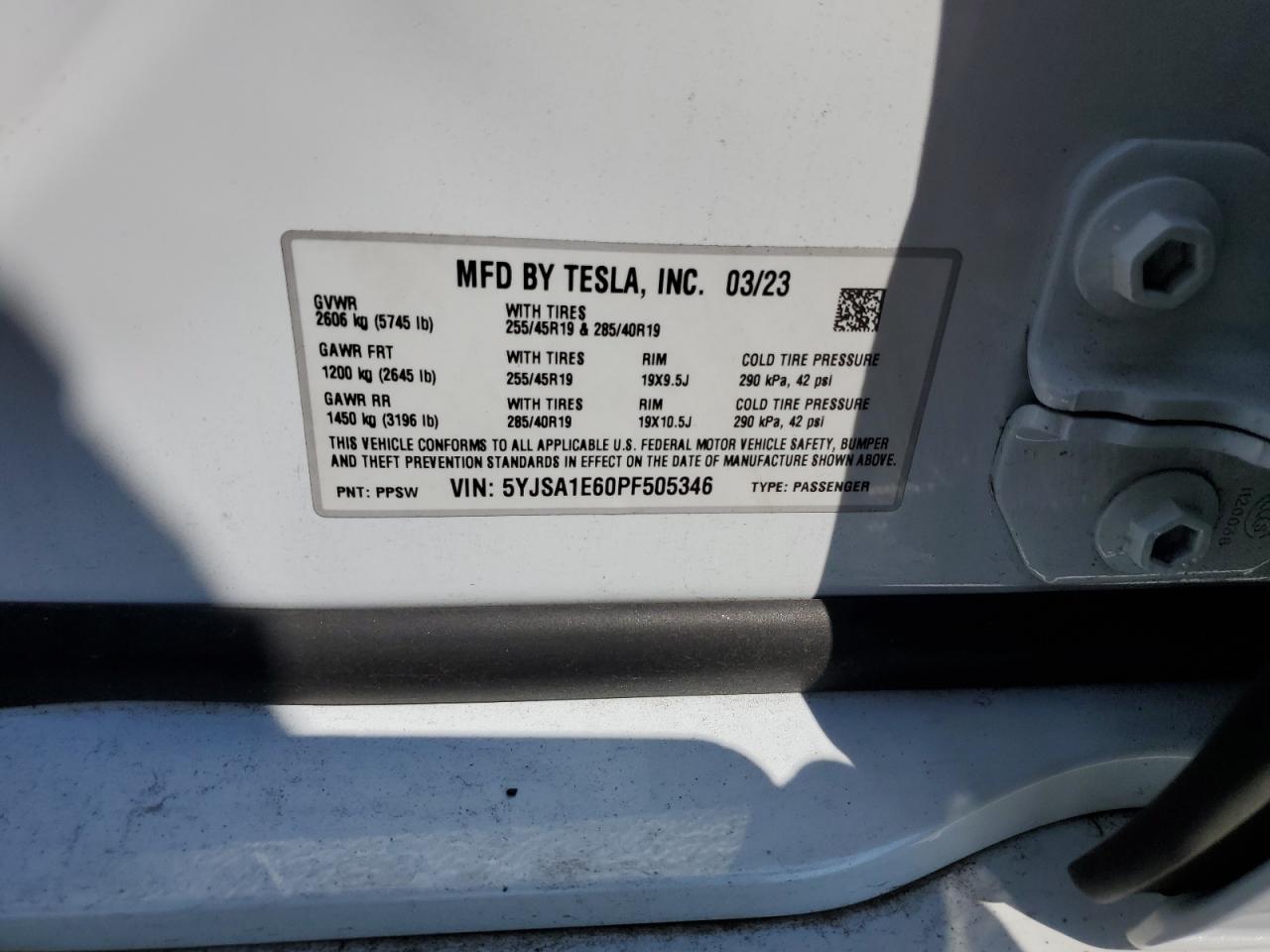 2023 TESLA MODEL S VIN:WP0AA2A8XNS255297