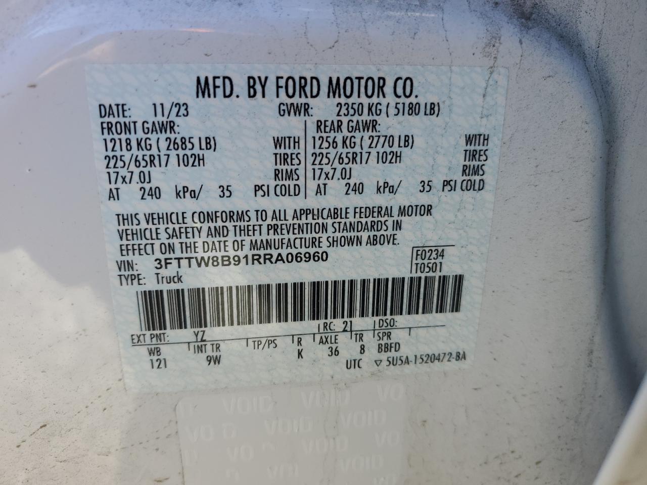 2024 FORD MAVERICK XL VIN:3FTTW8B91RRA06960