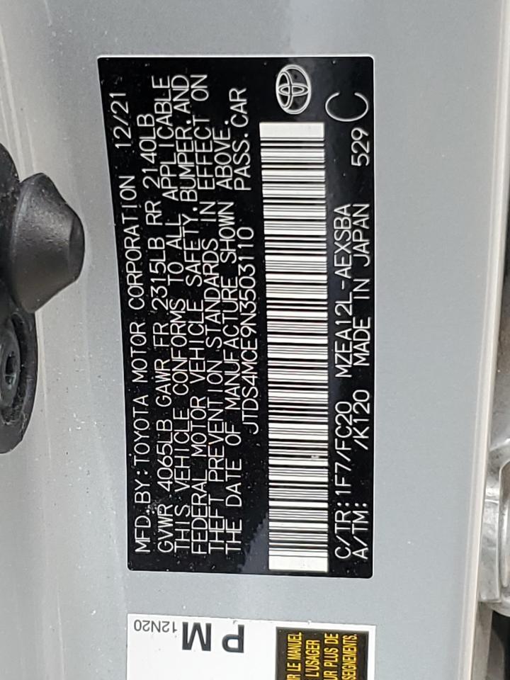 2022 TOYOTA COROLLA SE VIN:JTDS4MCE9N3503110