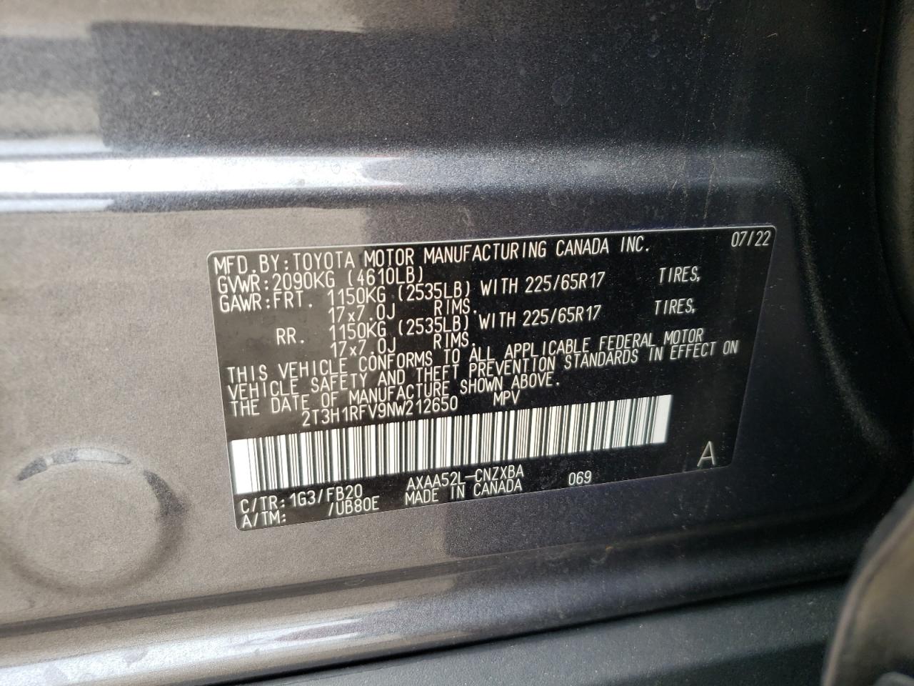 2022 TOYOTA RAV4 LE VIN:2T3H1RFV9NW212650