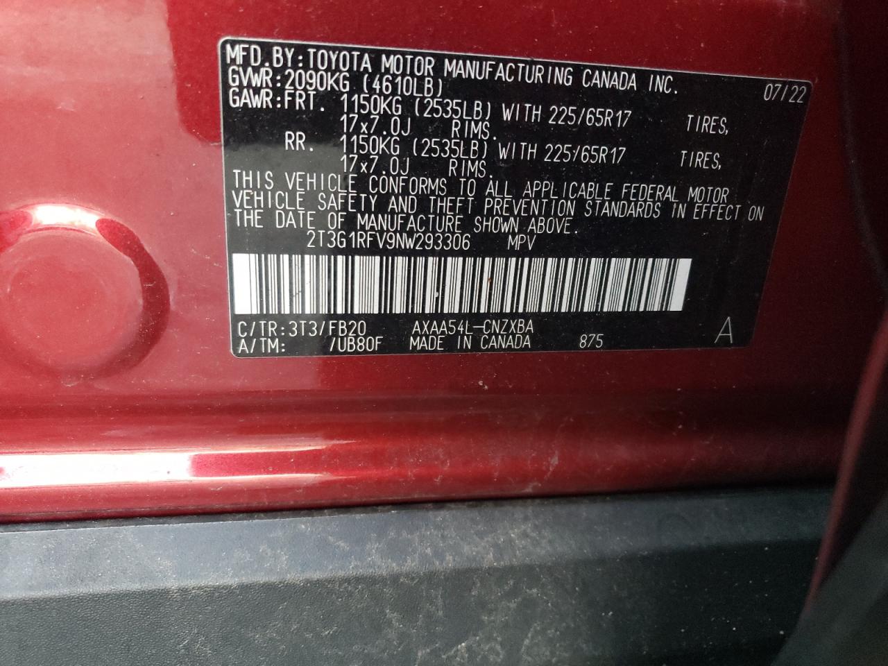 2022 TOYOTA RAV4 LE VIN:2T3G1RFV9NW293306