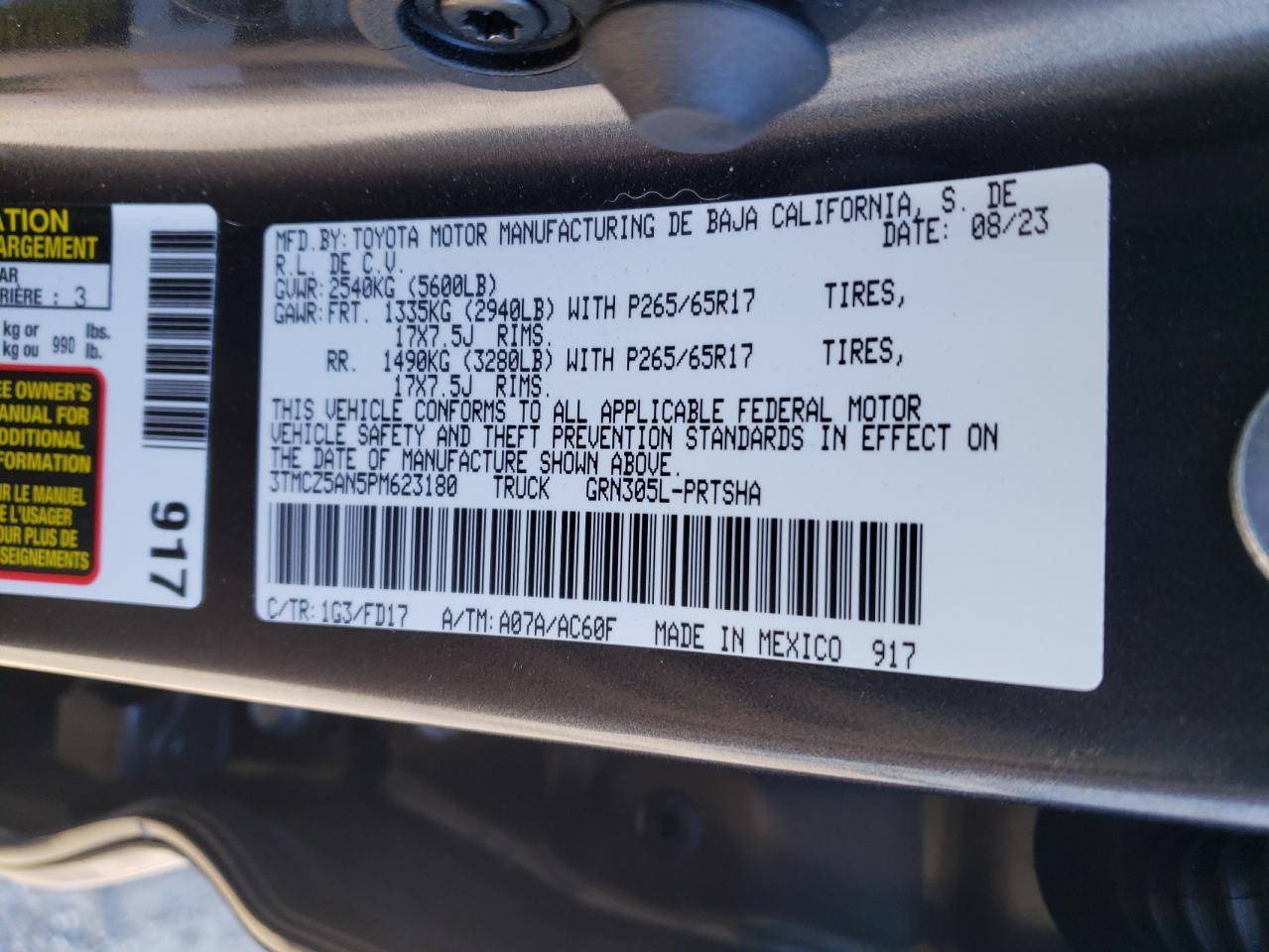 2023 TOYOTA TACOMA DOUBLE CAB VIN:3TMCZ5AN5PM623180