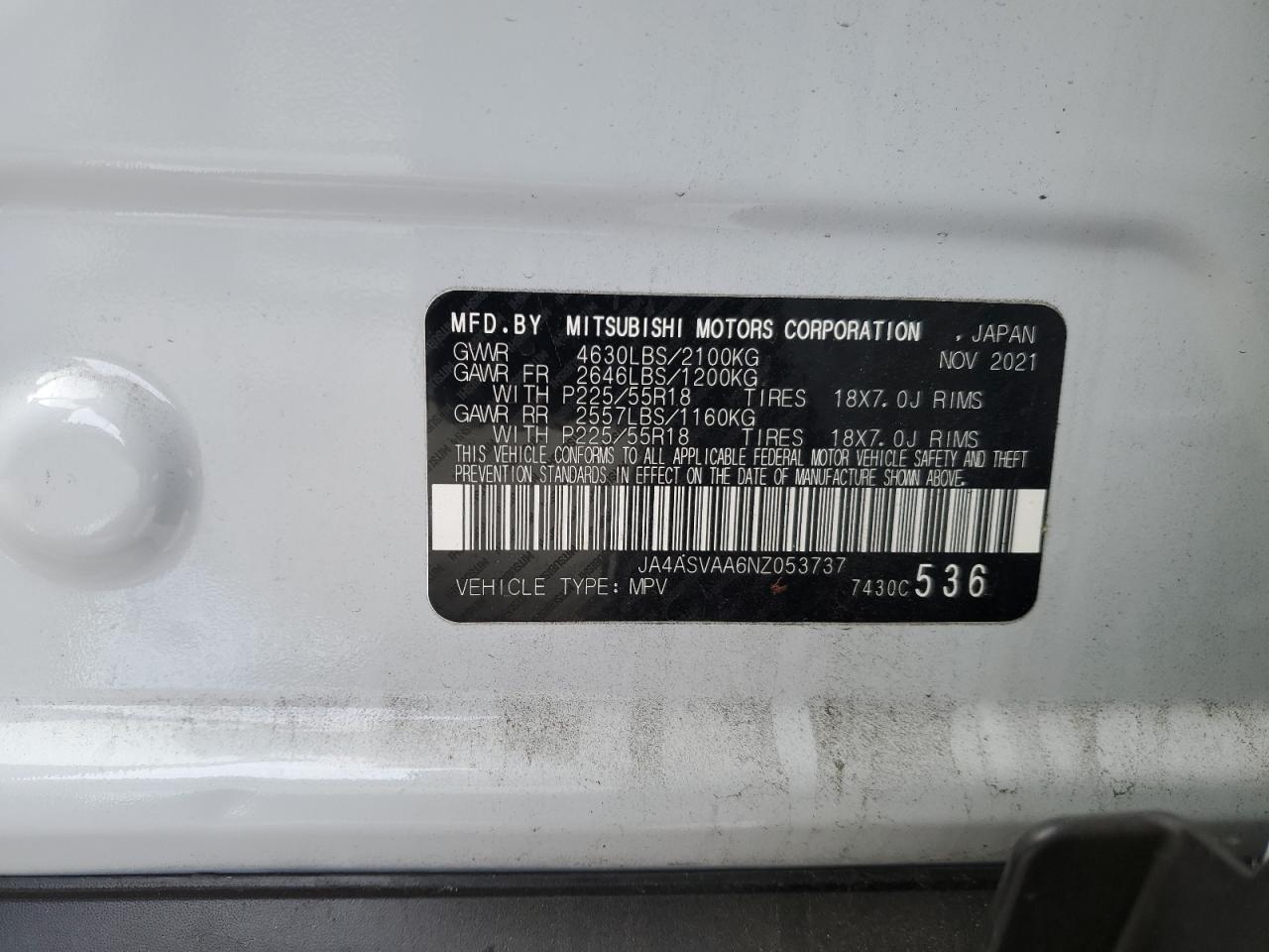 2022 MITSUBISHI ECLIPSE CROSS LE VIN:JA4ASVAA6NZ053737