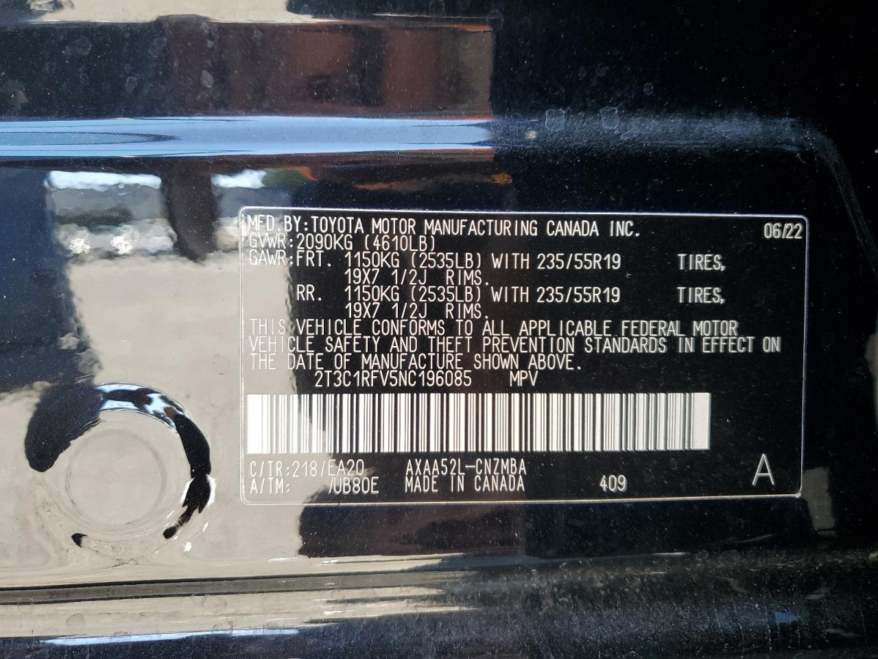 2022 TOYOTA RAV4 XLE PREMIUM VIN:2T3C1RFV5NC196085