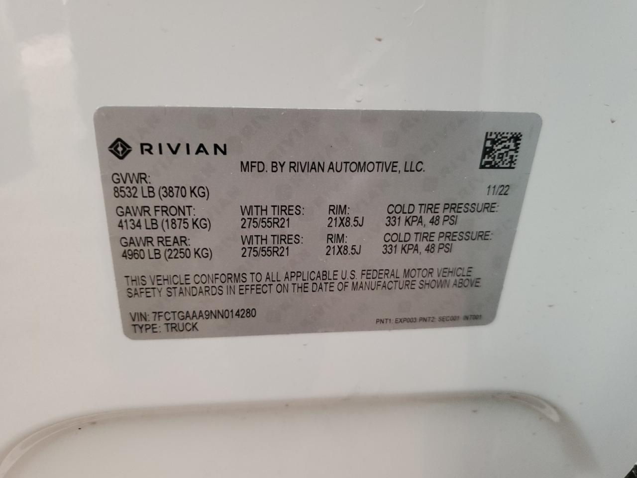 2022 RIVIAN R1T ADVENTURE VIN:7FCTGAAA9NN014280