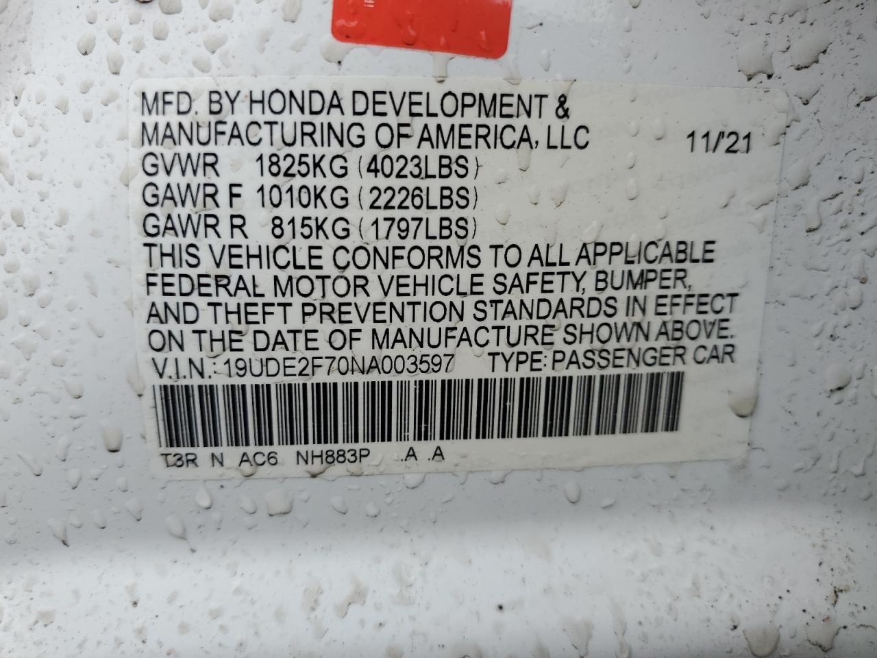 2022 ACURA ILX PREMIUM VIN:19UDE2F70NA003597