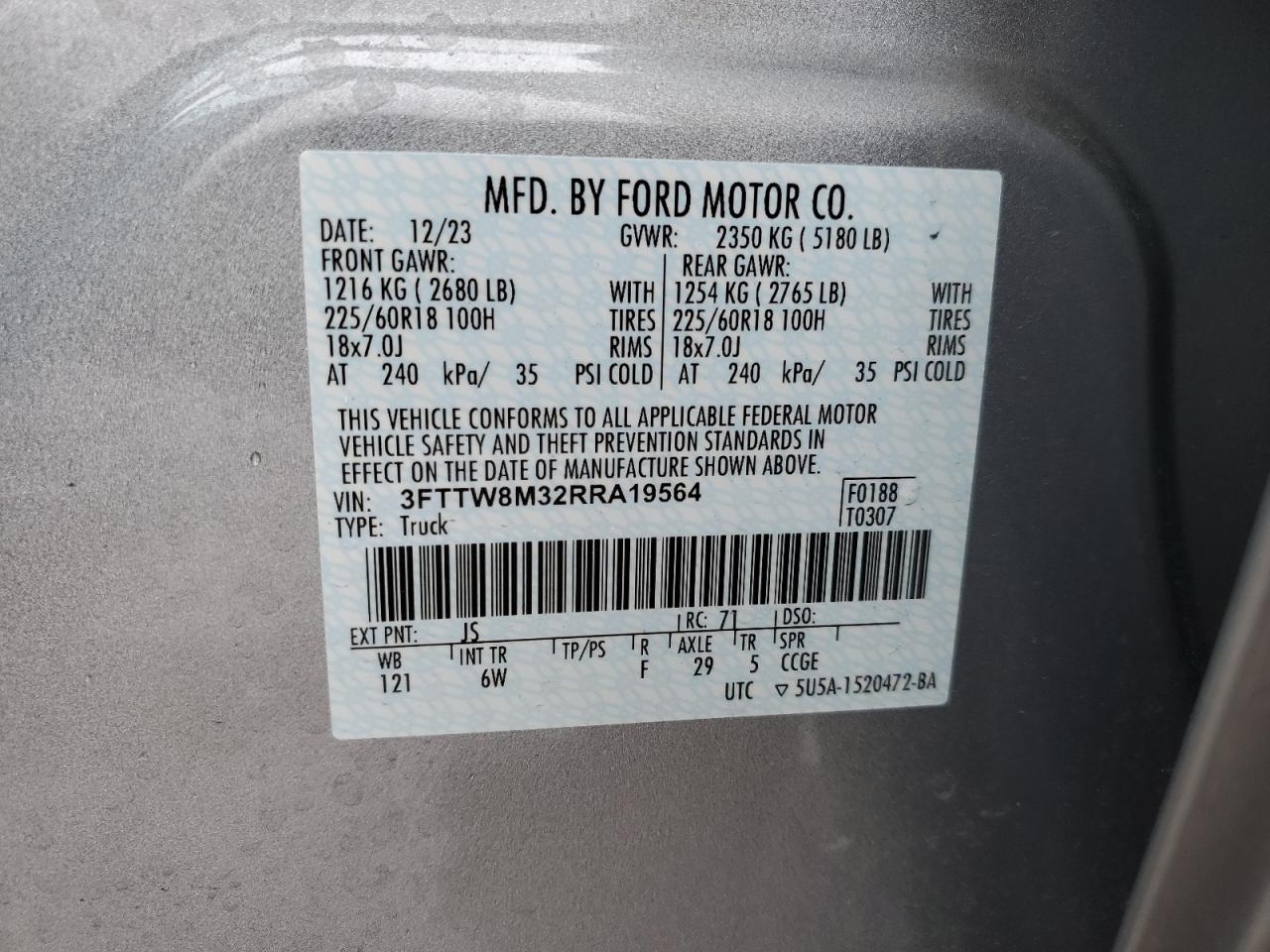 2024 FORD MAVERICK LARIAT VIN:3FTTW8M32RRA19564