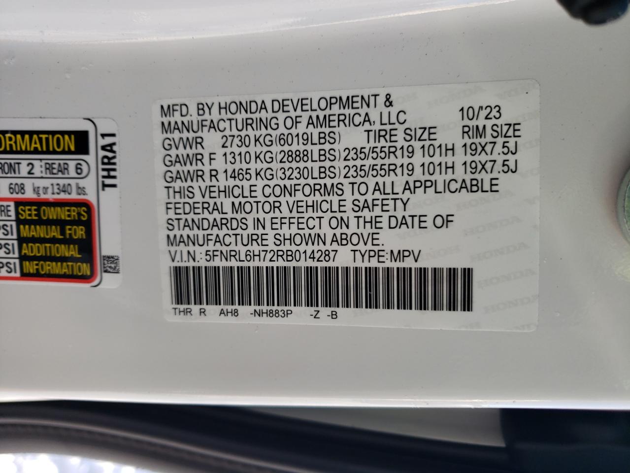 2024 HONDA ODYSSEY SPORT VIN:1FMCU0D78BKC69956