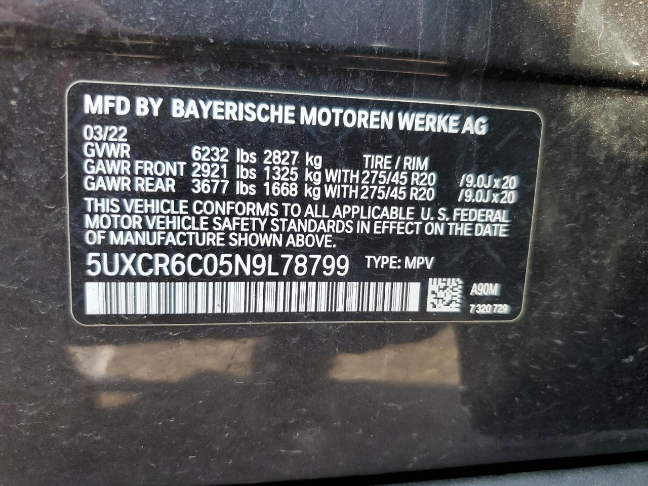 2022 BMW X5 XDRIVE40I VIN:5UXCR6C05N9L78799